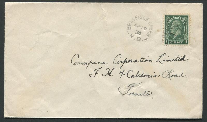 NEW BRUNSWICK SPLIT RING TOWN CANCEL COVER BELLEISLE CREEK