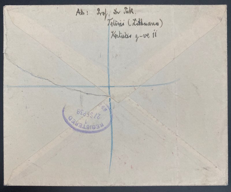 1939 Kaunas Lithuania Registered cover To London England