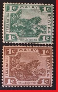 MALAYA 1908&19 Federated Malay States FMS Tiger 1c MLH wmk MCCA SG#29 & 30