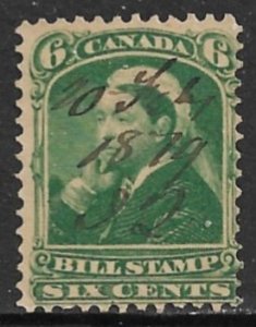 CANADA 1868 QV 6c Green BILL STAMP REVENUE VDM. FB43 Used