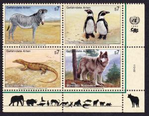 UN Vienna Birds Zebra Penguins Lizard Wolf 4v Bottom Right Block of 4 with