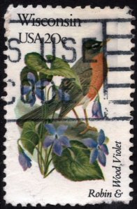 SC#2001A 20¢ State Birds & Flowers: Wisconsin; Perf 11¼ x 11 (1982) Used/Fault