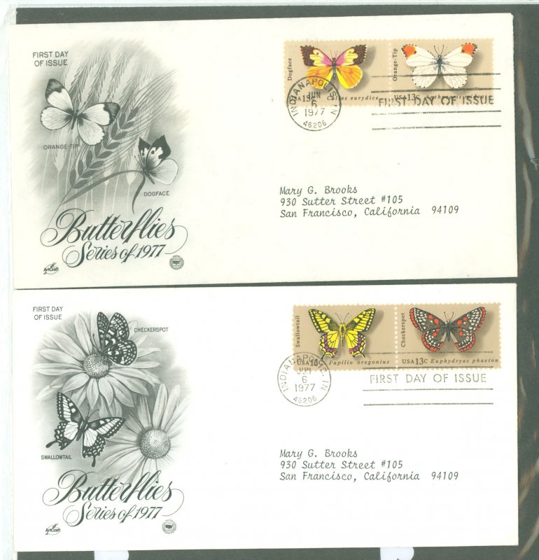 US 1712-1715 1977 13c Butterflies, complete set of 4 stamps on 2 1st day covers, both covers with artcraft cachets