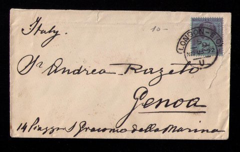 GB UK Postal History Cover Sg201 2½d London to Genoa Italy Cancel (1892)