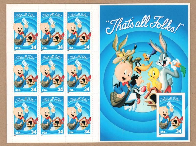 3535  Porky Pig 2001 special  Die Cut  Sheet of 10 Imperf Single  