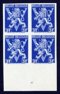 BELGIUM — SCOTT 350v — 1944 3f LION RAMPANT — MNH IMPERF BLOCK/4 — BLUE COLOR