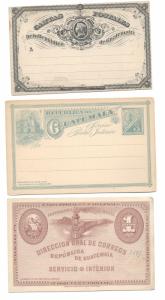 3 Postal Stationery Cards Guatemala HG1 HG3 HG6 Train 1875 Liberty Head Unused