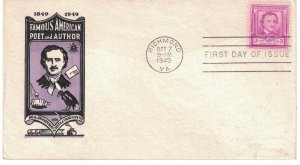 1949 FDC, #986, 3c Edgar Allan Poe, Ioor