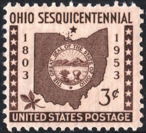 SC#1018 3¢ Ohio Sesquicentennial Single (1953) MNH