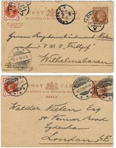 Great Britain 1899 postal reply card used to and from Germany