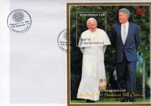 Turkmenistan 1997 Pope John Paul II-Bill Clinton s/s Perforated in official FDC