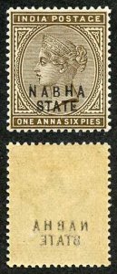 ICS NABHA SG18var 1a 6p Sepia showing overprint offsets on the reverse M/M