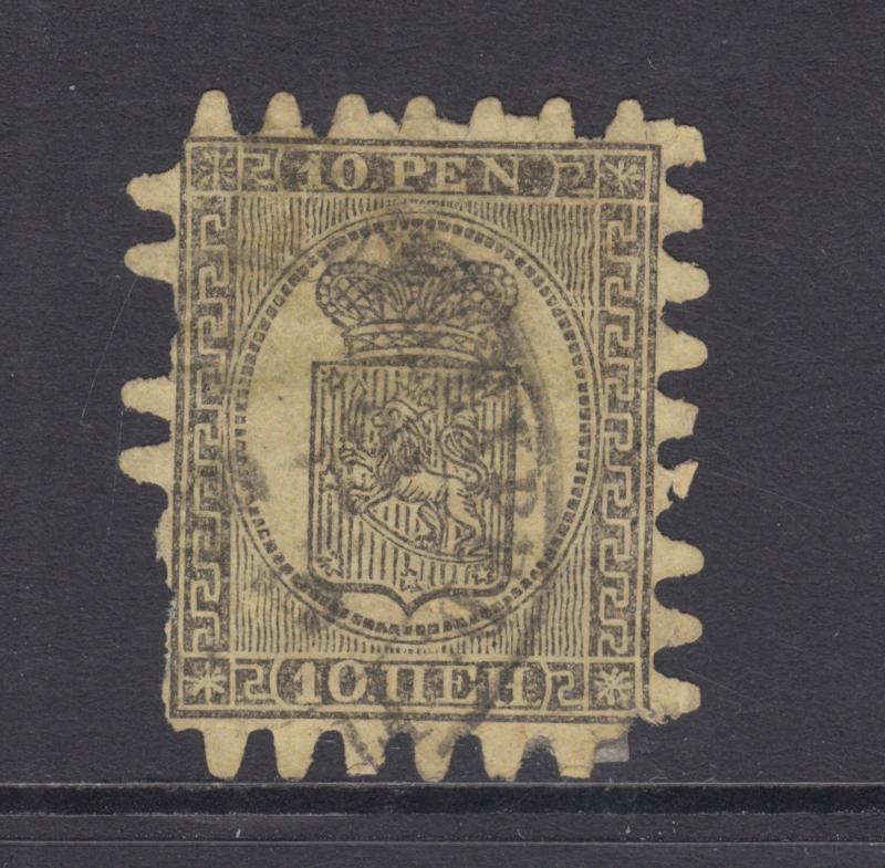 Finland Sc 8 used 1870 10p black on yellow Coat of Arms, Scarce 