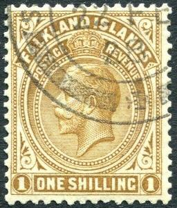 FALKLAND ISLANDS-1921-28 1/- Deep Ochre Sg 79 FINE USED V31003