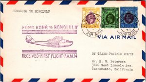 1937 Hong Kong China First Flight Cover FAM 14 To Sacramento California CA USA