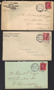 U.S. 1907-08 3 R.P.O. COVERS TOWSON & CATONS BALTIMORE & LOS ANGLOS ARCADE STN.