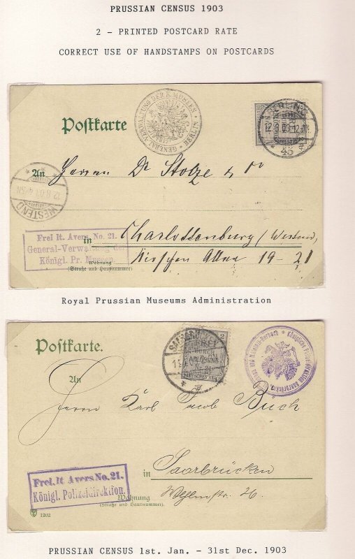 Deutschland Prussian Census 1903 Two Cards Polizeidirektion Saarbrucken Museen 