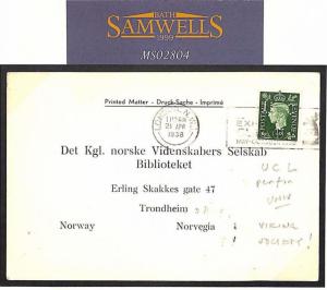 GB UNIVERSITY PERFIN *UC/L* Card VIKING SOCIETY Reply Norway Library 1938 MS2804