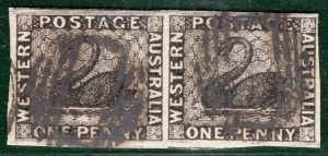 WESTERN AUSTRALIA QV Classic SG.1 1d Black (1854) SWAN Superb PAIR Used PIBLUE36