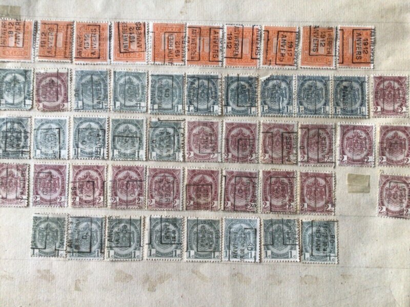 Belgium pre cancel stamps on 2 old album part pages Ref A8449