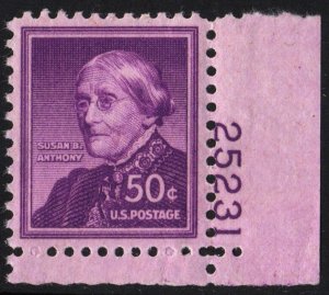 SC#1051 50¢ Susan B. Anthony Plate Single (1955) MNH