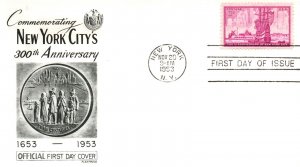 SCOTT 1027 NEW YORK CITY 300th ANNIVERSARY ON EARLY FLEETWOOD CACHET FDC 1953
