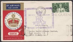 GB 1953 Qantas Coronation flight cover to COCOS IS via Singapore...........87690