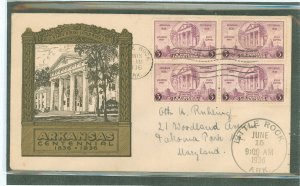 US 782 1936 3c Arkansas Centennial (block of four) on an addressed first day cover with a cachet from an unknown publisher.