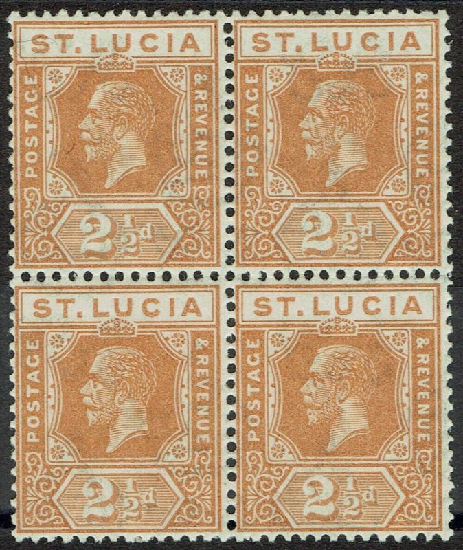 ST LUCIA 1921 KGV 21/2D MNH ** BLOCK WMK MULTI SCRIPT CA