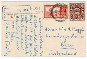 India (Cochin) 1939 Osteru cancel on REGISTERED postcard to Switzerland