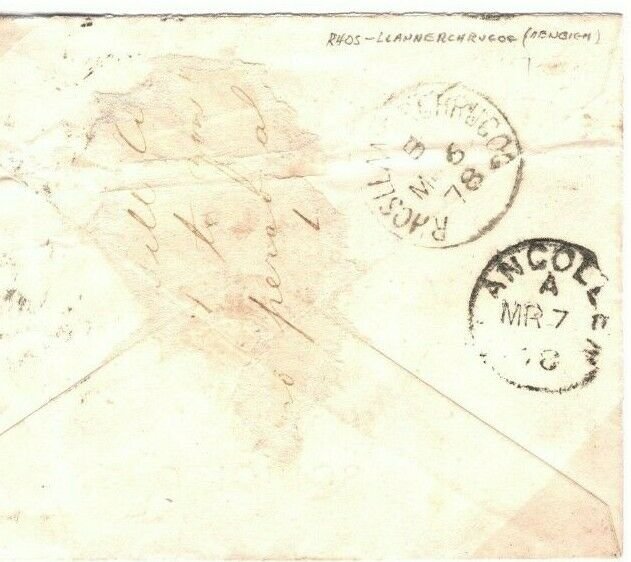 GB WALES Cover *RHOSLLANERCHRUGOG* Rare Village Receiver Denbighshire 1878 89.10 