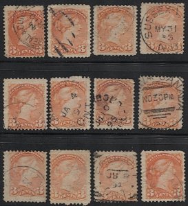 CANADA 1873 3c Small QV, Scott 37 (12) Used Shades - Cancels, F-VF