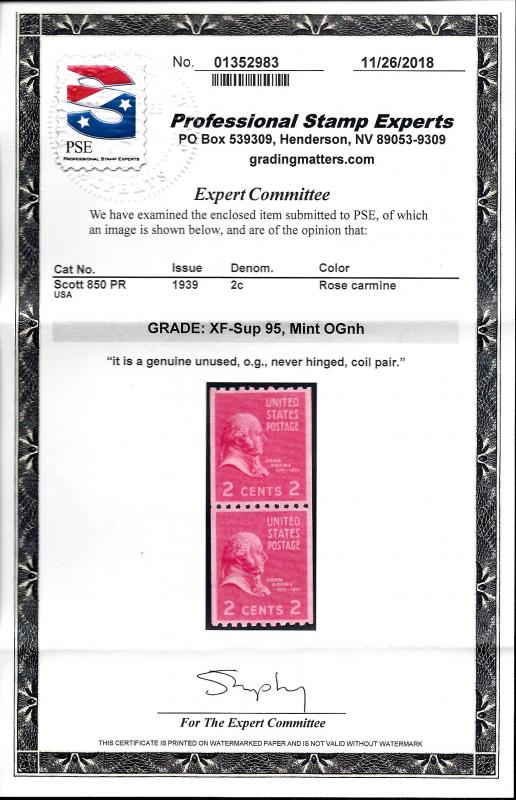 850 Mint,OG,NH... Pair... PSE Graded 95 XF-Superb... SMQ $110.00