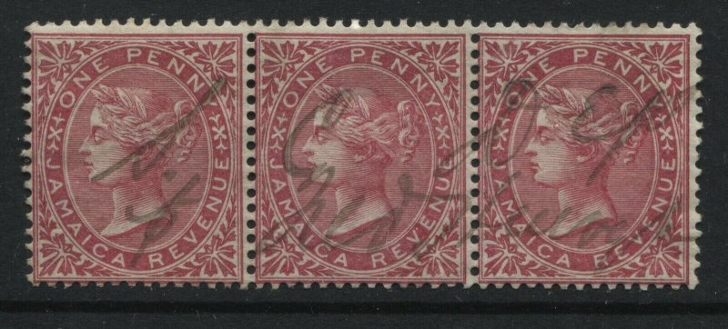 Jamaica QV 1871 1d Revenue in a used strip of 3 