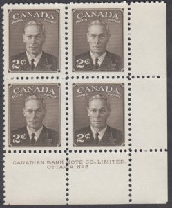 Canada - #285 King George VI Plate Block #2 - MNH