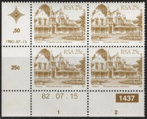 South Africa 584 (mnh block of 4) 25c Melrose House, Pretoria, bister (1987)