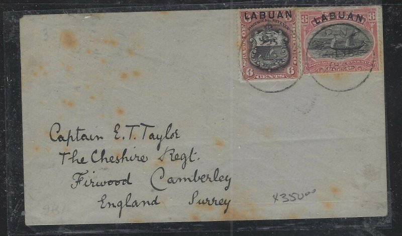 LABUAN COVER  (PP2712B) 1894 COVER 6C LION+8C BOAT COVER TO ENGLAND, SOME STAIN