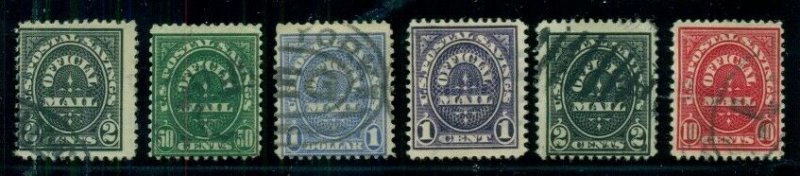 US #O121-6, Official Postal Savings Mail, both sets used, Scott $90.00