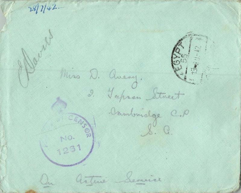 South Africa Soldier's Free Mail 1942 Egypt 55, Postage Paid APO 3 Hamra, Egy...