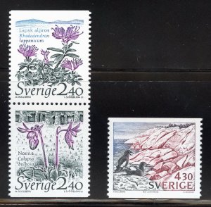 Sweden 1762-64 MNH, Costal Flowers and Birds Set from 1989.