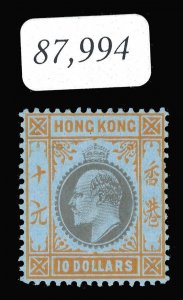 Hong Kong 1904 KEVII $10 slate & orange/blue (CH) with Cert MNH. SG 90b. Sc 108.