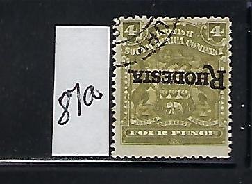 RHODESIA SCOTT #87A 1909 OVERPRINT (INVERTED)  4P (OLIVE GREEN)  USED
