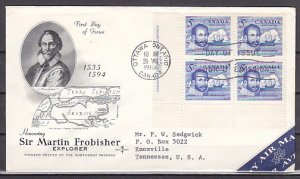 Canada, Scott cat. 412. Explorer Sir Frobisher, Block of 4. First day cover. ^