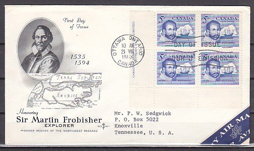 Canada, Scott cat. 412. Explorer Sir Frobisher, Block of 4. First day cover. ^