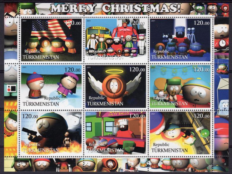 Turkmenistan 2001 South Park - Merry Christmas -American Flag Sheetlet (9) MNH