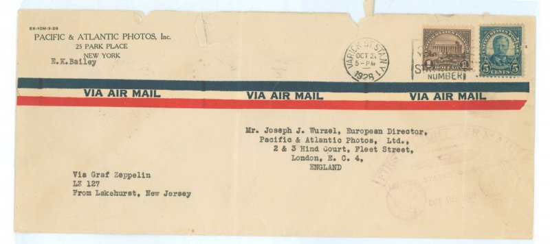 US 571/585 Cover carried on the October 1928 flight of the Graf Zeppelin LZ127 from Lakehurst, NJ to Frankfurt, Germany, then on