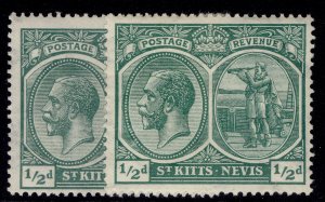 ST KITTS-NEVIS GV SG37 + 37a, ½d SHADE VARIETIES, M MINT.