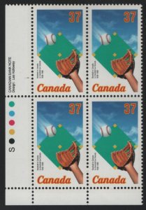 Canada 1988 MNH Sc 1221 37c Basball Glove, Ball, Diamond LL Plate Block