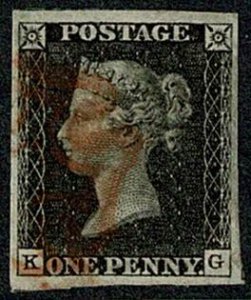 GB 1d Black KG Plate 6. Fine used four good margins.cancelled by red Maltes...