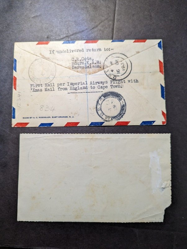 1931 East Africa and Uganda Airmail Cover Dodoma to Mbeya with Certificate